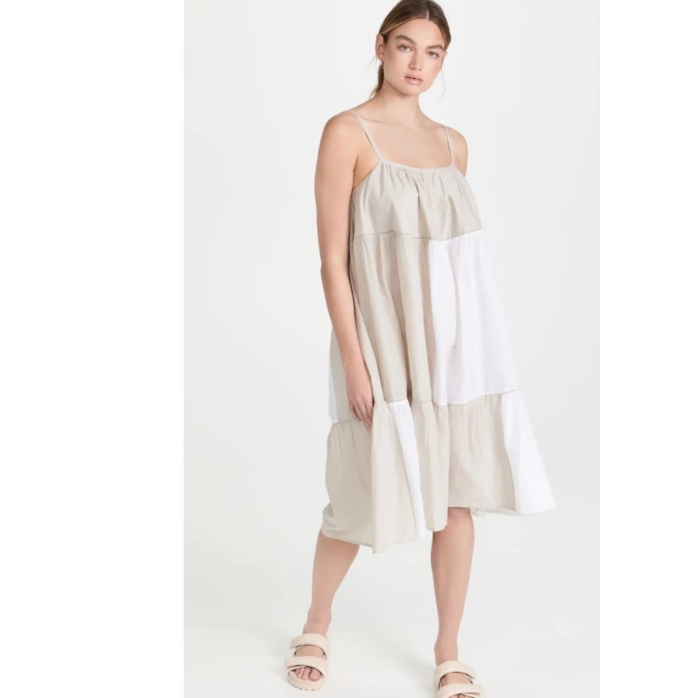 Merlette Salland Patchwork Dress in Natural Colorblock Neutral Ruffle White Dove